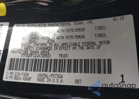 2018 Toyota Tundra Sr5 5.7L V8 z USA, uszkodzony, nr VIN 5TFDW5F12JX720521